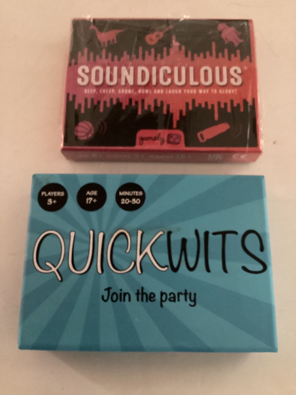 2 Party Card Games: QuickWits and Soundiculous new in packages